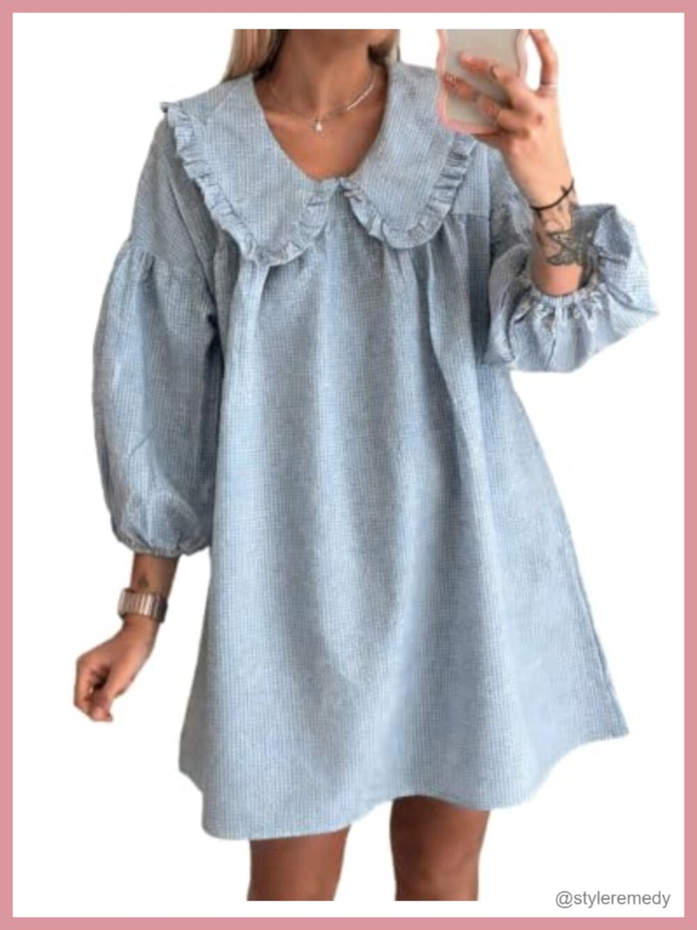 Women's Gingham Mini Babydoll Dress Puff Sleeve Doll Collar